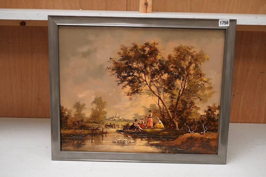 Gudrun Sibbons (1924-2020), 'Making Flower Garlands', signed, oil on canvas, 39 x 49cm